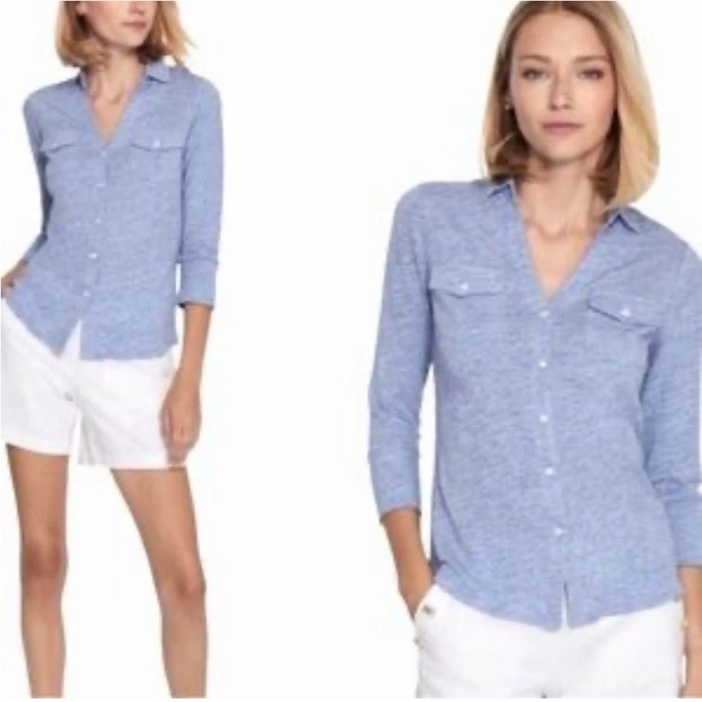 J McLaughlin Linen Button Down Shirt M Blue Lightweight Summer Coastal